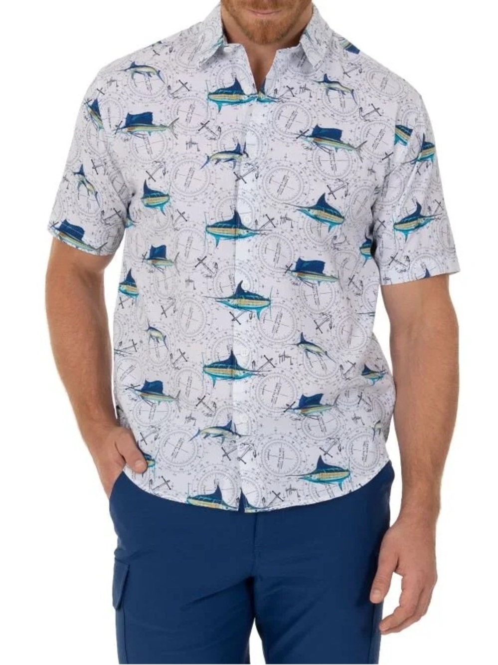 Guy Harvey White Short-Sleeve Marlin & Compass Print Shirt